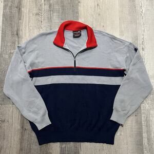 VTG Demetre Pure Virgin Wool 1/4 Zip Grey/Blue Apres Ski Knit Pull Over Sweater